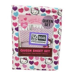 NEW Hello Kitty Multicolored Hearts Queen Sheet Set 100% Cotton 4pc Set LOVE